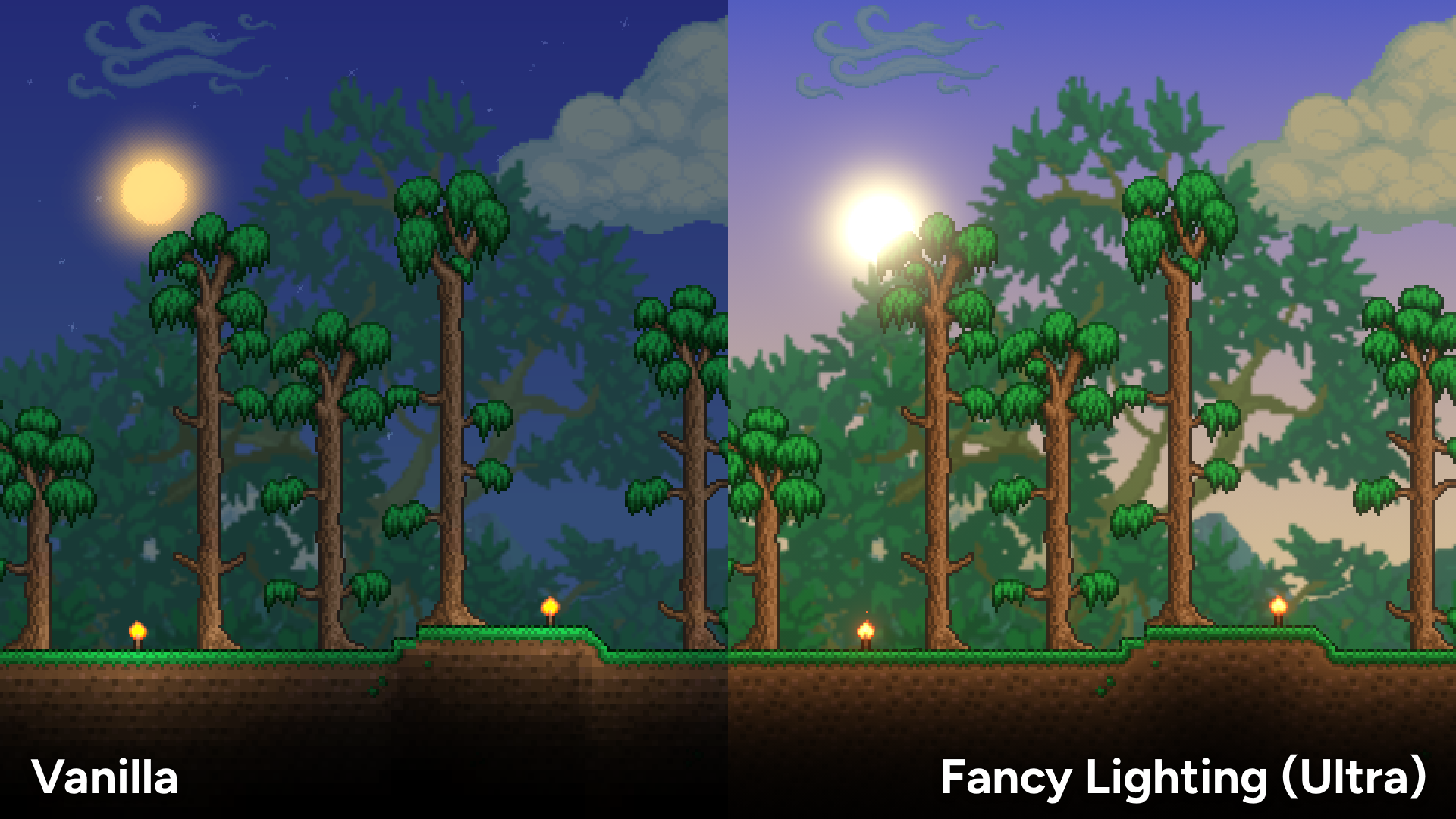 Author comparison: vanilla Terraria forest at left, Fancy Lighting Ultra at right