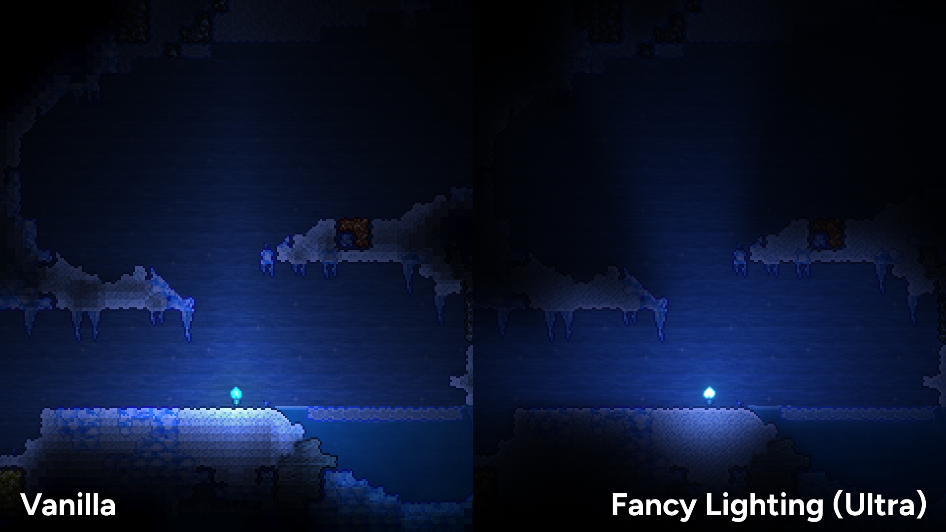 Author comparison: vanilla Terraria ice cave at left, Fancy Lighting Ultra at right