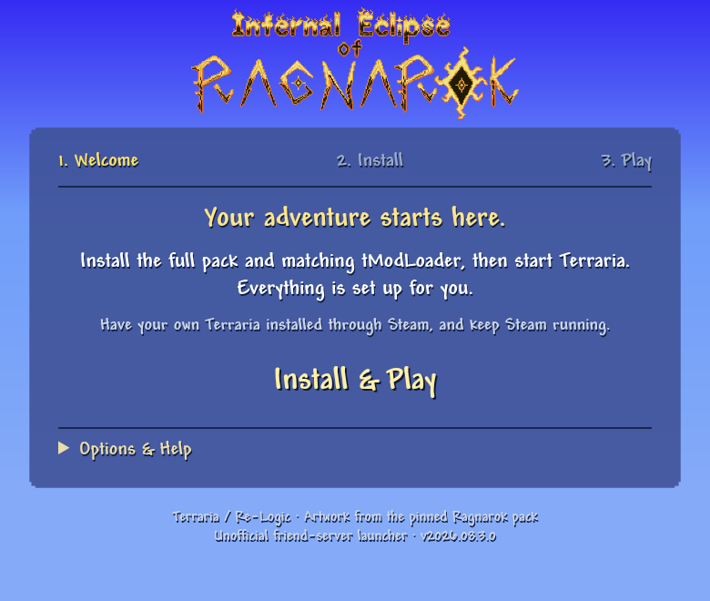 Actual Ragnarok desktop wizard: a Terraria panel with one Install and Play button